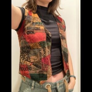 Vintage leather newspaper print vest - size Small